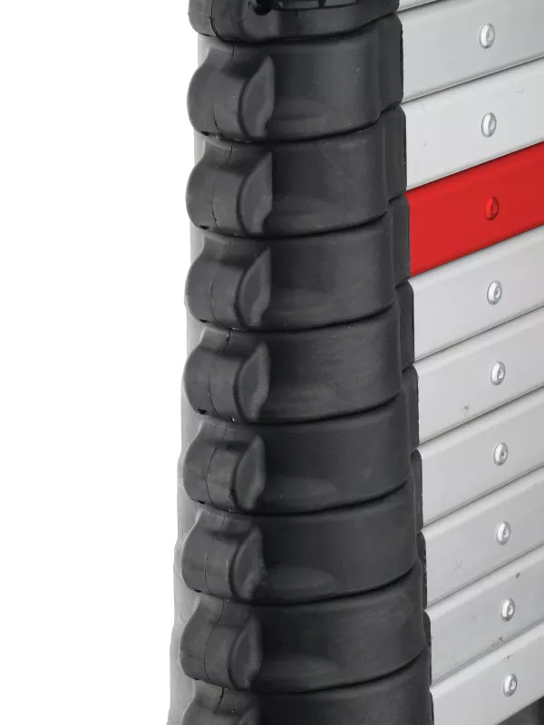 Close-up of telescopic ladder rungs with red safety locking indicator